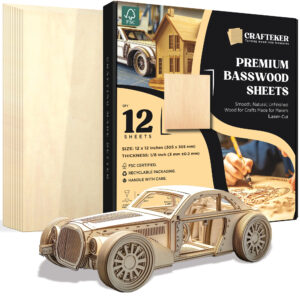 Crafteker 3mm basswood sheets 12-pack box with a laser-cut wooden car