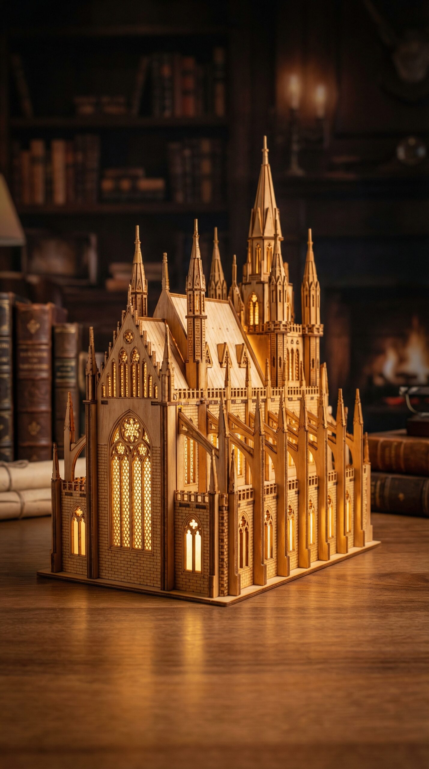 Illuminated large scale laser cut gothic castle model showing structural integrity and fine detail engraving
