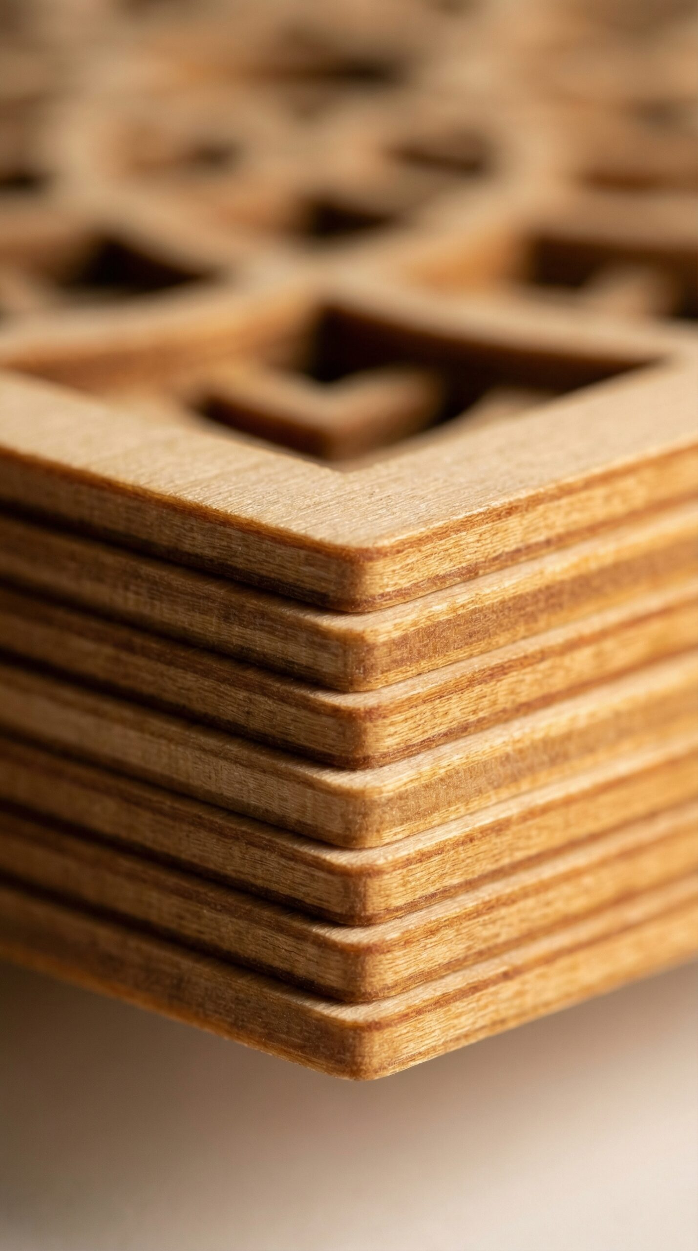 Extreme macro of 3mm basswood layers showing zero warping and clean caramel laser cut edges without soot