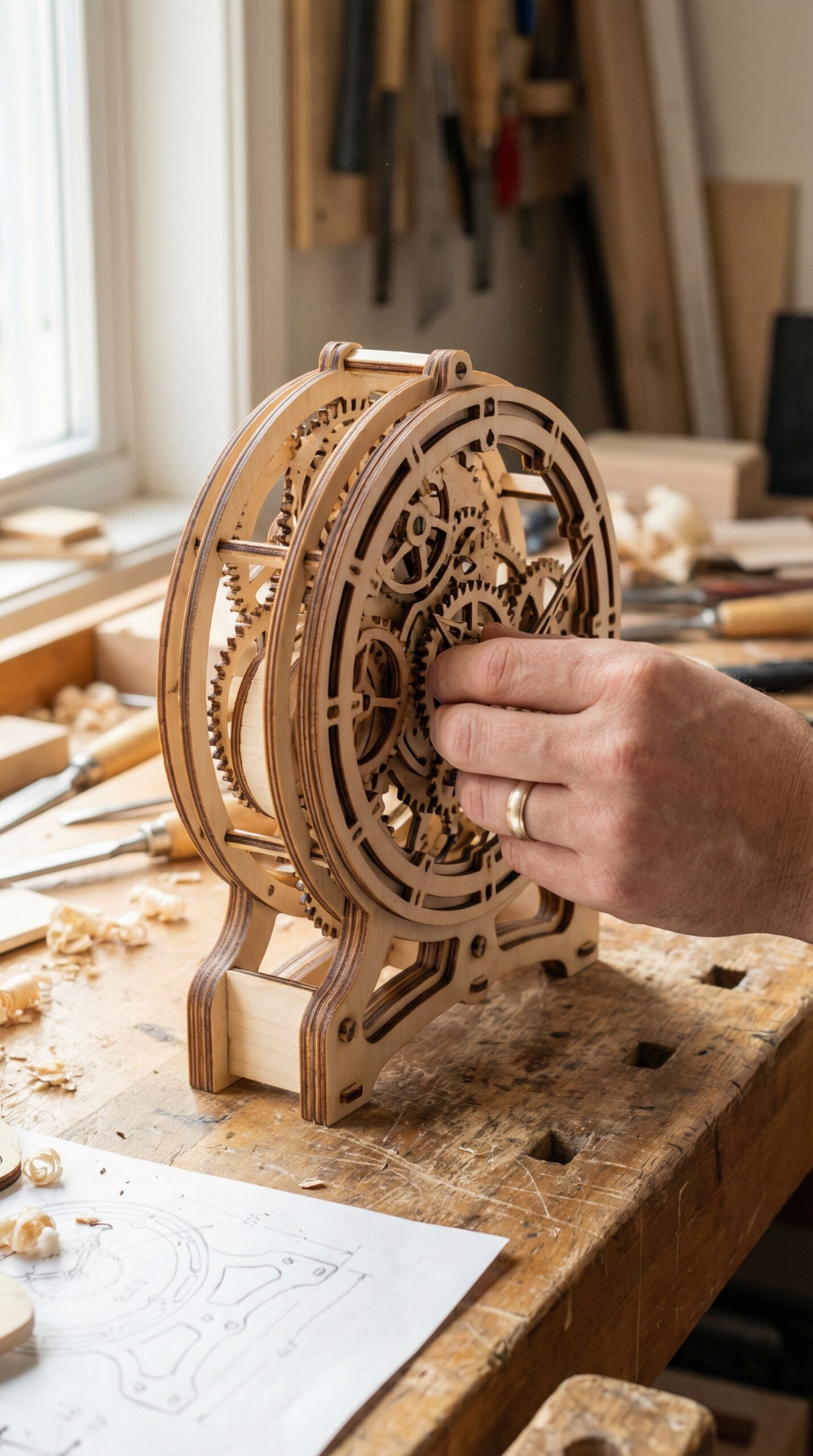 Maker assembling complex kinetic clock demonstrating tactile quality and precision fit of Crafteker wood