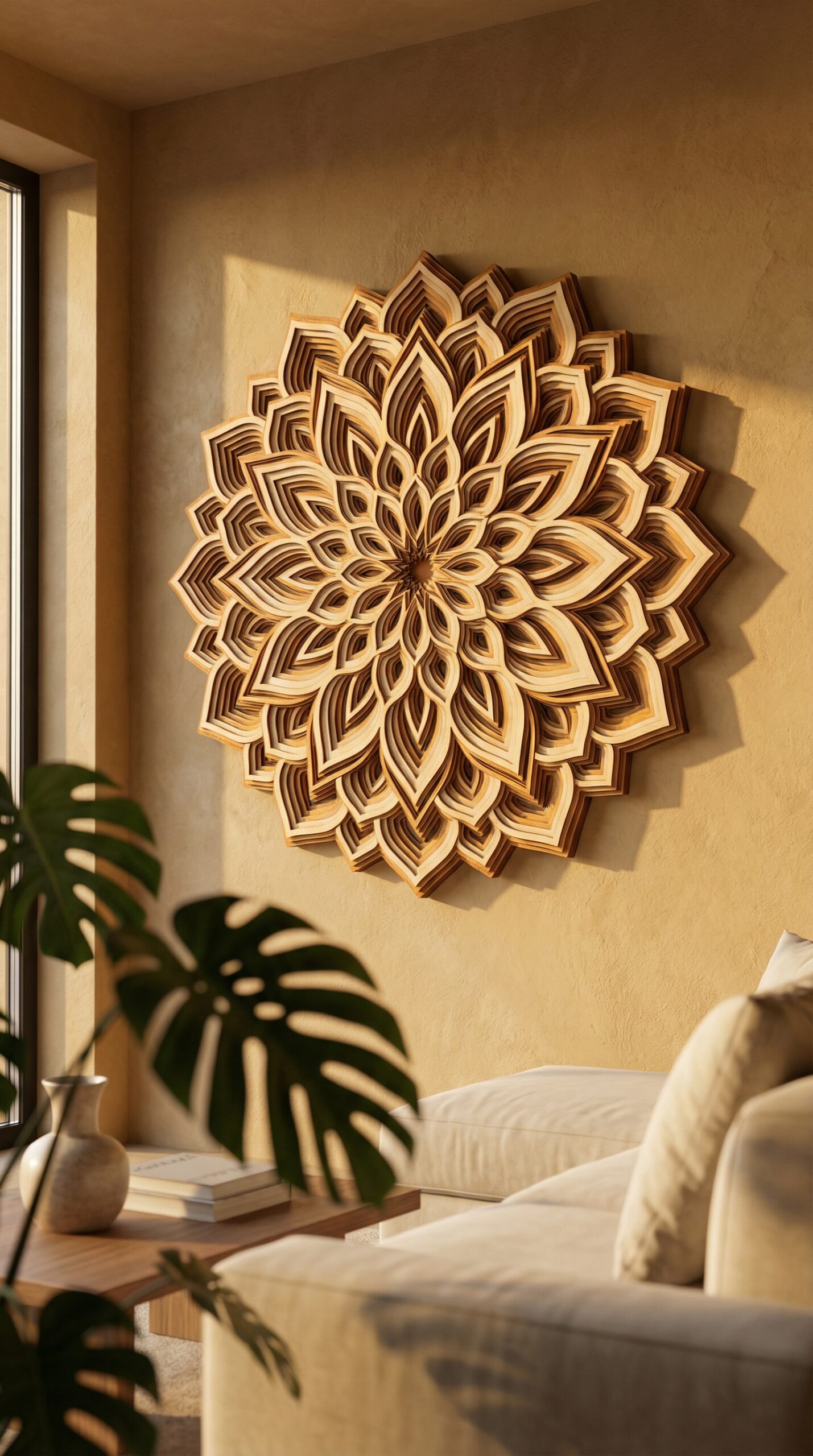 Finished multi-layered wooden mandala wall art in modern interior showing high-value decor product