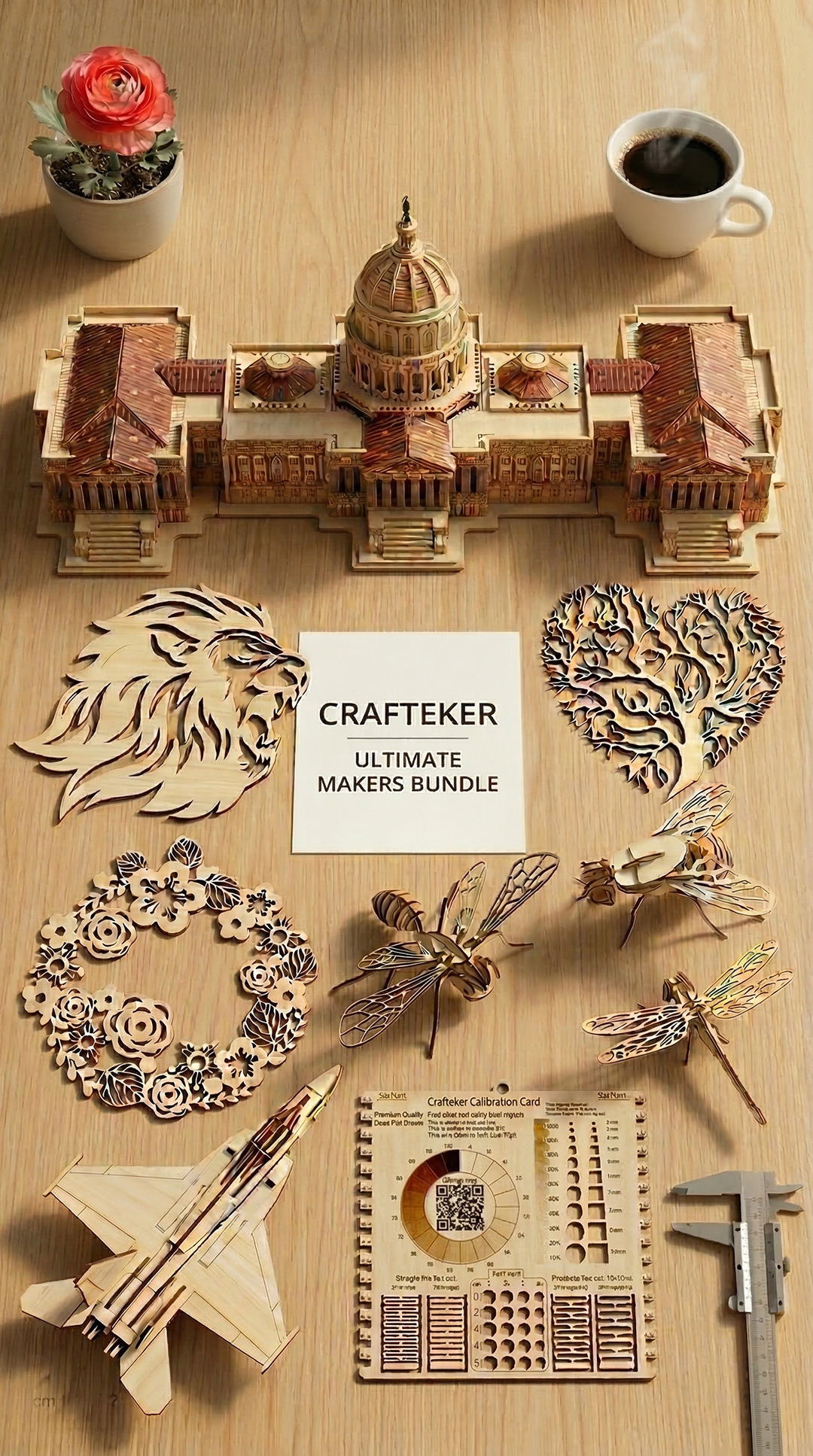 Free laser cutting SVG files bundle for xTool and Glowforge. Includes 3D wooden models, mandalas wall art, and a laser power calibration card.