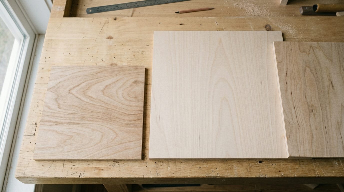 1/8 inch plywood sheets flat lay — different types of thin plywood for laser cutting comparison