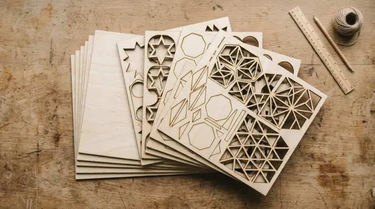 Atomstack diode laser cutting 3mm basswood sheet — clean cut result on workshop table