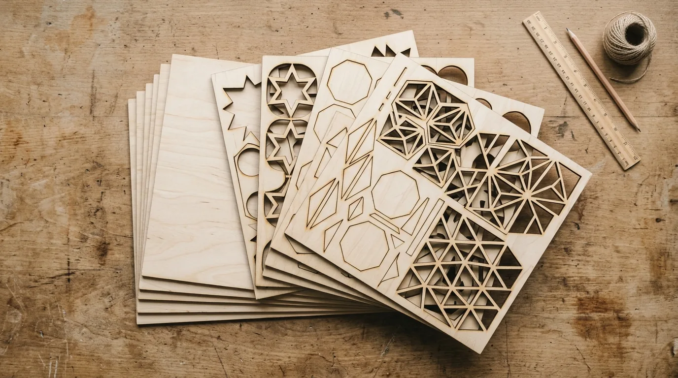 Atomstack diode laser cutting 3mm basswood sheet — clean cut result on workshop table