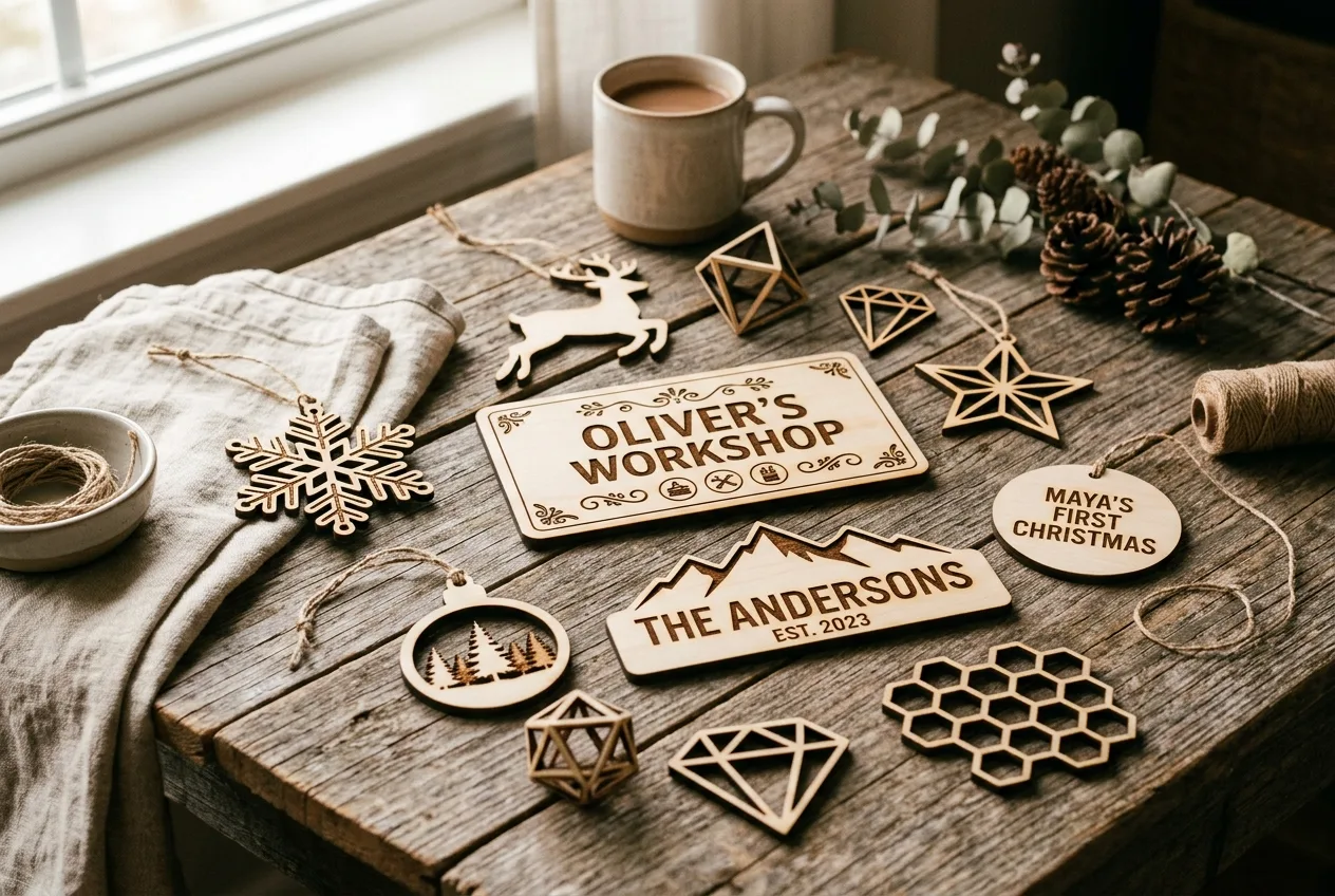 Finished laser-cut basswood ornaments and signs arranged on workshop table — clean edges, crisp engraving detail
