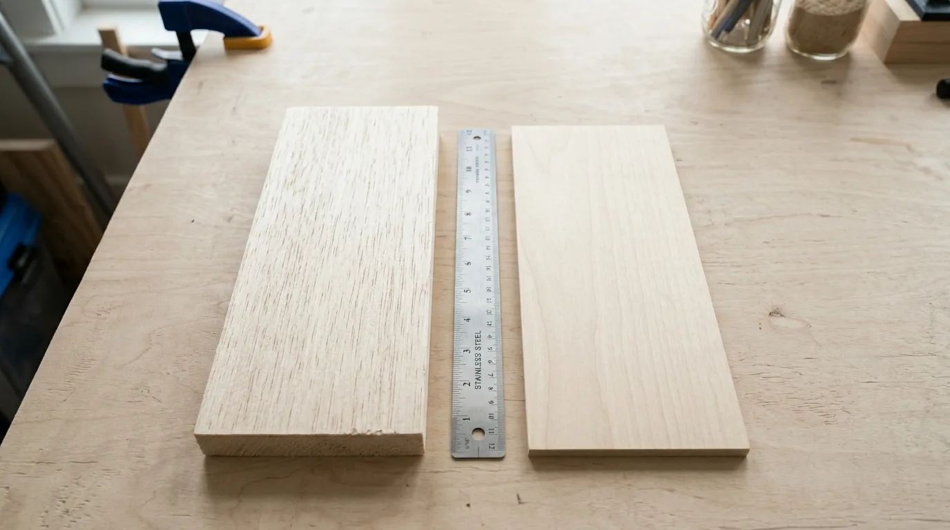 Balsa wood vs basswood samples side by side on workshop table for laser cutting comparison