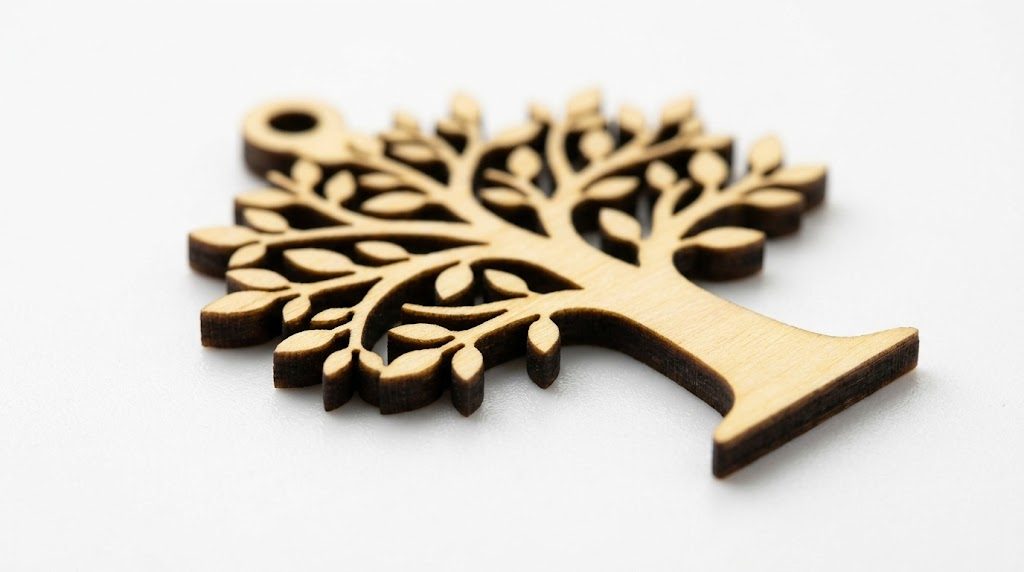 Glowforge basswood laser cut result — clean edges on 3mm Crafteker basswood ornament
