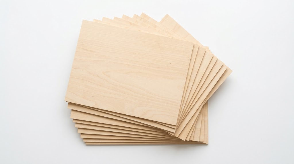Basswood sheets 1/8 inch — flat lay of thin plywood sheets 12x12 inch for laser cutting