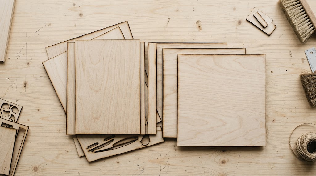 1/8 inch basswood sheets flat lay — thin plywood pieces ready for laser cutting projects