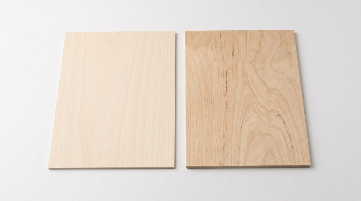 Laser cut edge comparison — basswood clean edge vs birch plywood dark glue lines