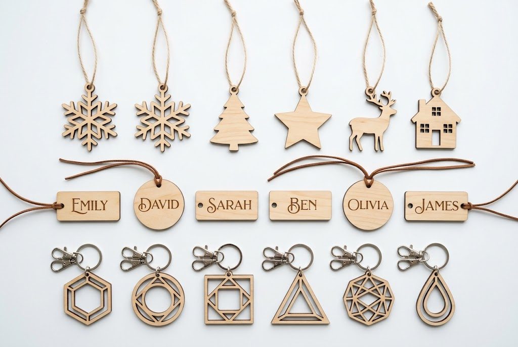 Finished laser-cut basswood products arranged on table — ornaments, name signs, and keychains showing clean engraving