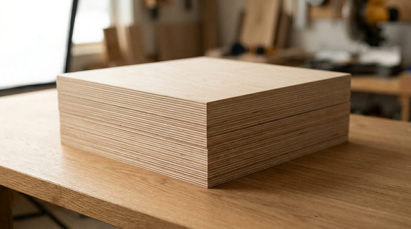 Stack of premium basswood plywood sheets 12x12 inch on workshop table ready for laser cutting