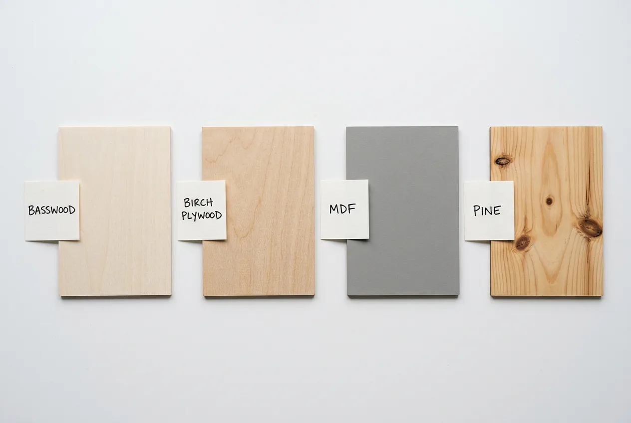 Wood comparison for xTool laser — basswood vs birch plywood vs MDF vs pine samples