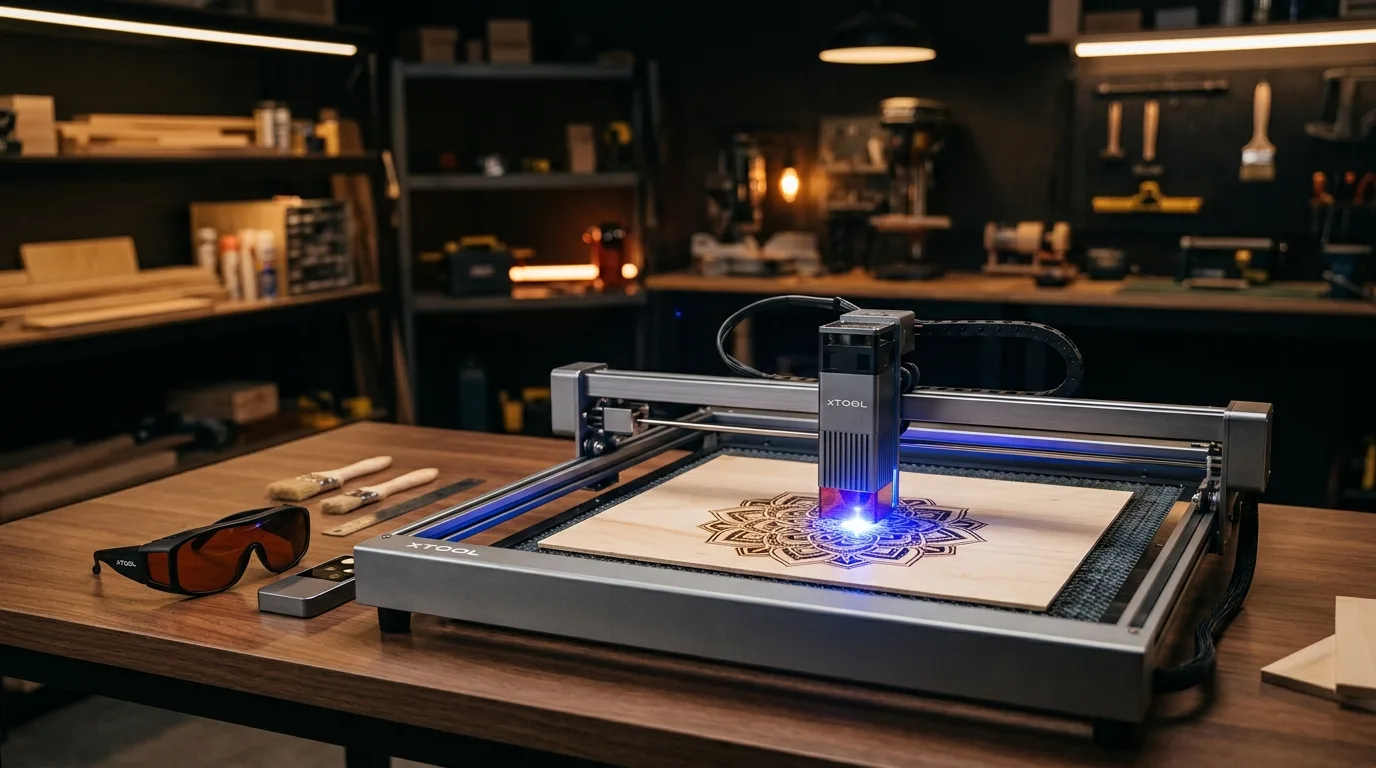 Best wood for xTool laser cutter — diode laser cutting basswood sheet in workshop