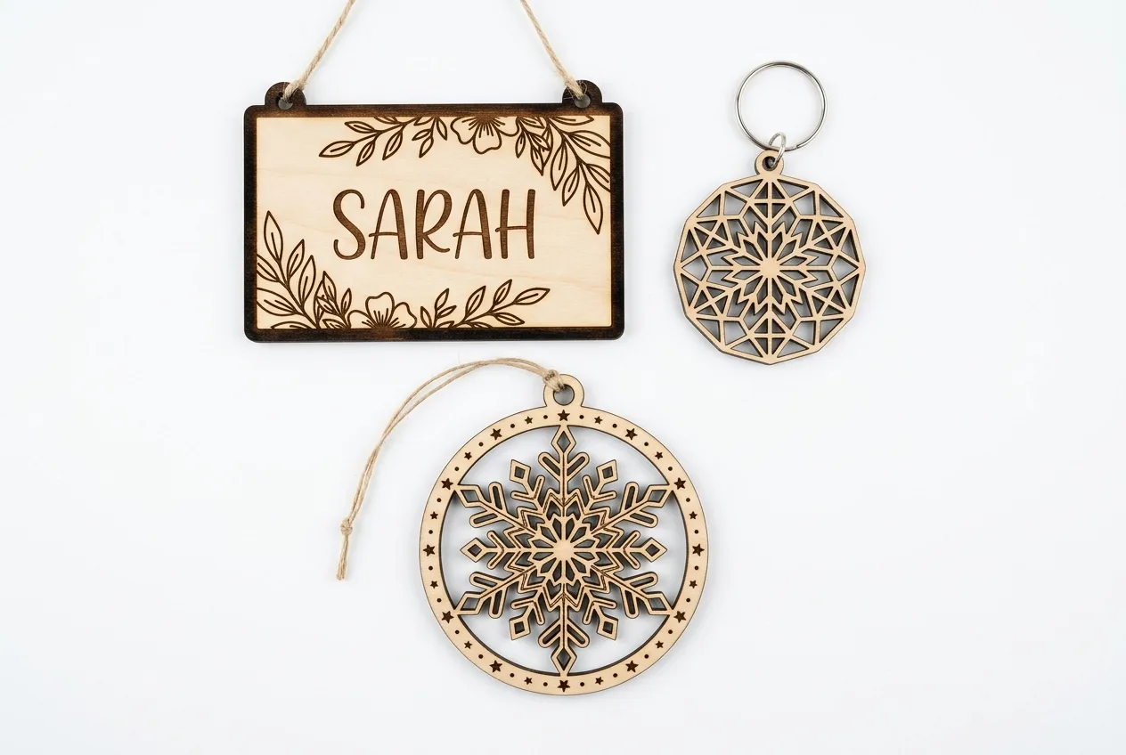xTool laser cut basswood projects — personalized sign, keychain, ornament with clean edges