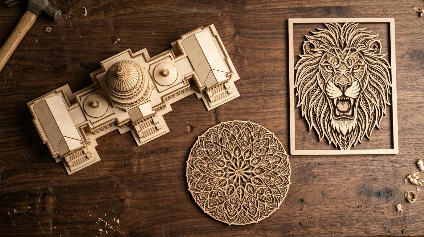 Laser-cut basswood wooden pieces from Crafteker free SVG bundle - 3D Capitol puzzle, lion wall art, mandala