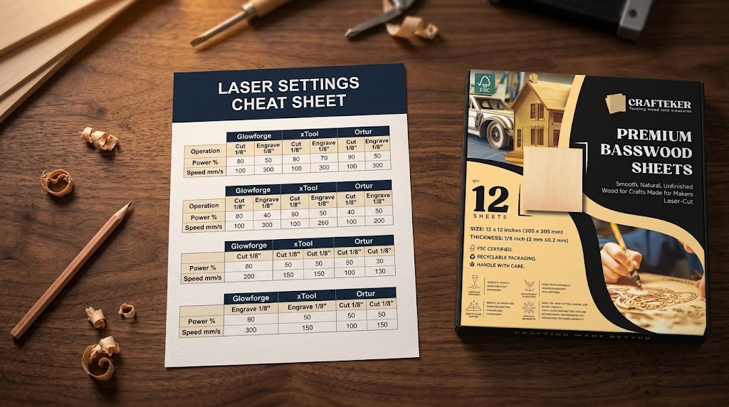 Laser Settings Cheat Sheet PDF mockup with Crafteker premium basswood sheets on workshop desk