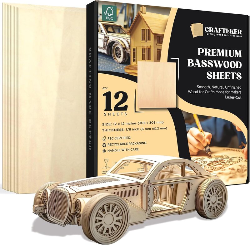 Crafteker 12-Pack 3mm Basswood Sheets 12x12