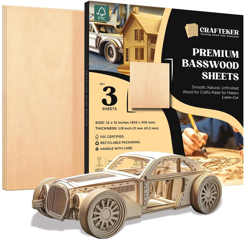 Crafteker 3-Pack 3mm Basswood Sheets 12x12