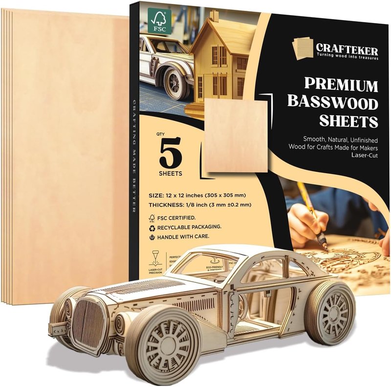 Crafteker 5-Pack 3mm Basswood Sheets 12x12