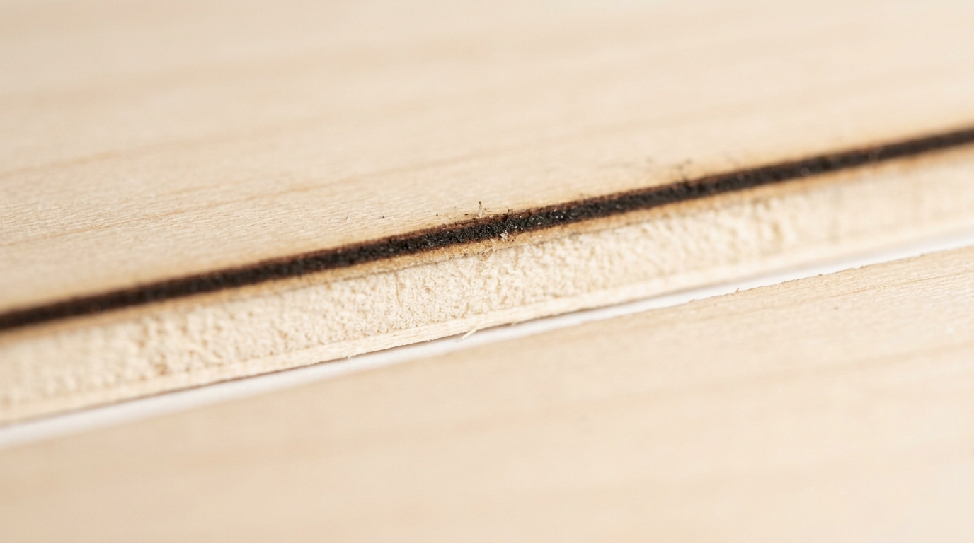 Close-up of 3mm basswood cut by Creality Falcon2 22W diode laser — clean pale kerf edges, minimal charring