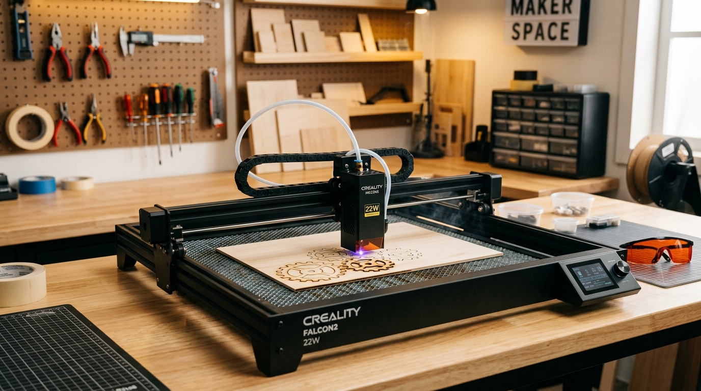 Creality Falcon2 22W laser cutter cutting 3mm basswood sheet — clean one-pass result on workshop table