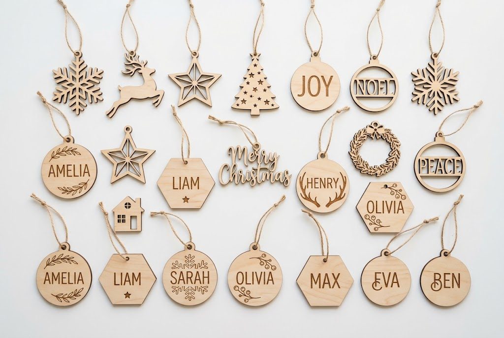 Laser cut wooden Christmas ornaments and name signs arranged on workshop table showing clean engraving detail