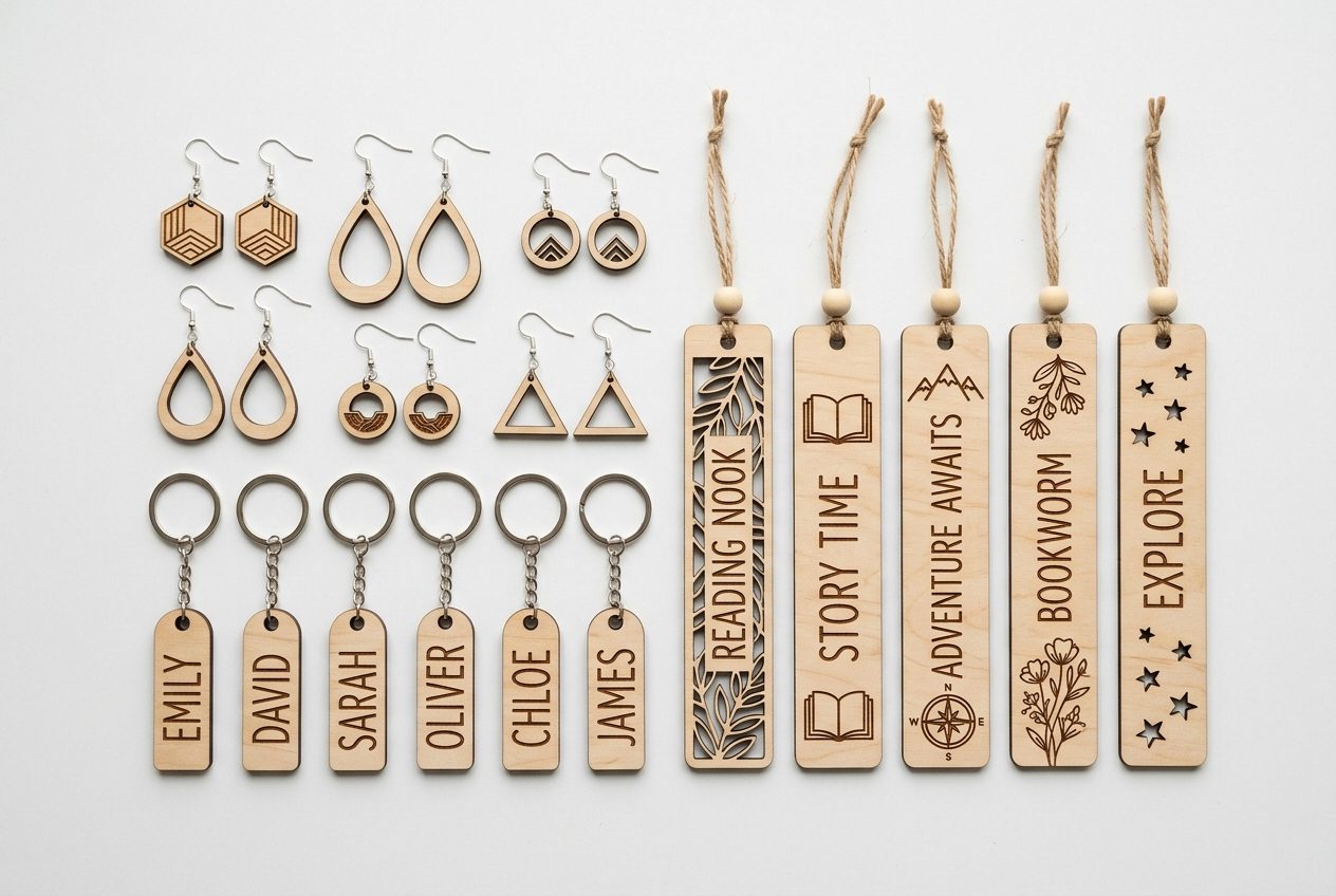 Flat lay of laser cut wood earrings keychains and bookmarks on white background showing variety of Etsy products