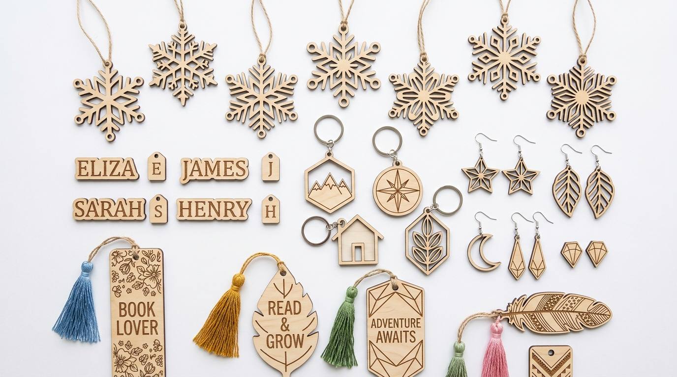 Collection of laser cut wood items for Etsy — ornaments keychains name signs and earrings arranged on white background