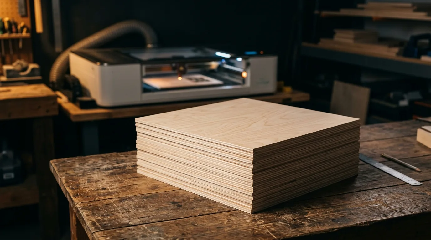 Glowforge proofgrade alternative — Crafteker basswood sheets stacked in laser workshop