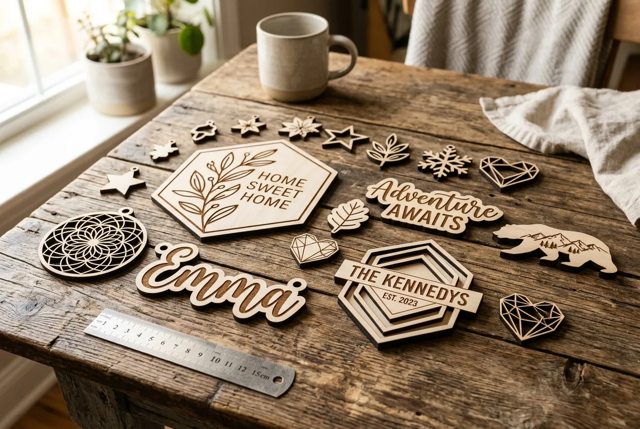 Laser-cut basswood ornaments and signs — finished products from Crafteker 3mm sheets