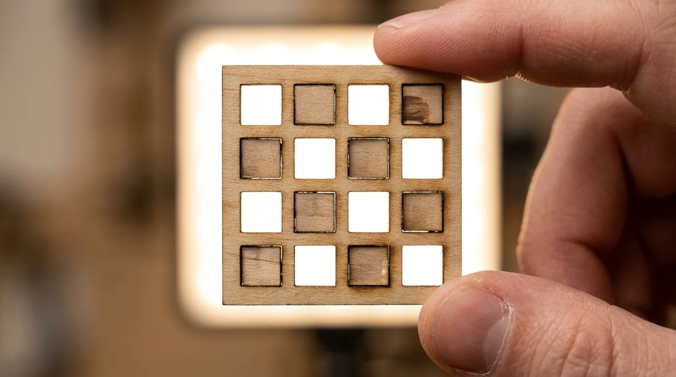 Reading laser calibration card results — backlit 3mm basswood showing cut-through squares