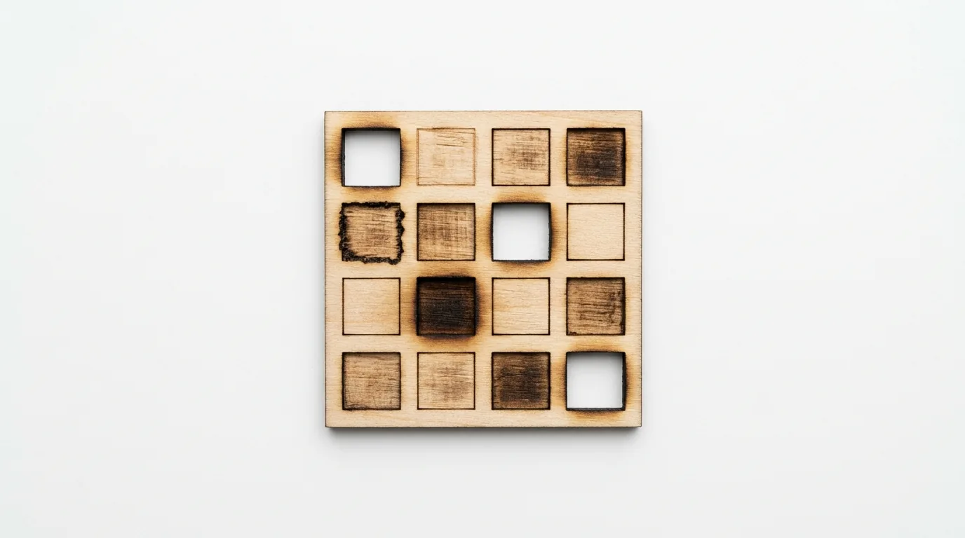 Laser calibration card showing 4x4 speed and power test grid on 3mm basswood