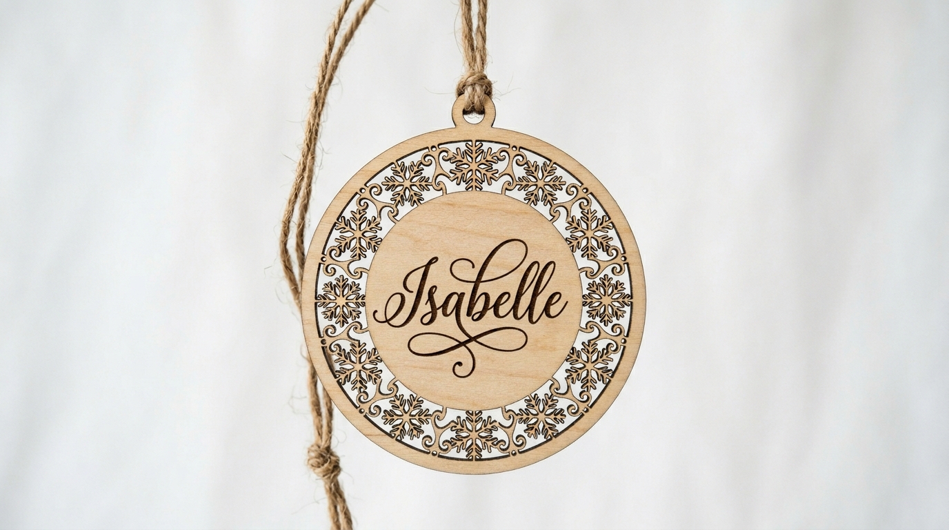 Close-up of laser engraved basswood Christmas ornament — crisp name engraving and clean cut snowflake detail