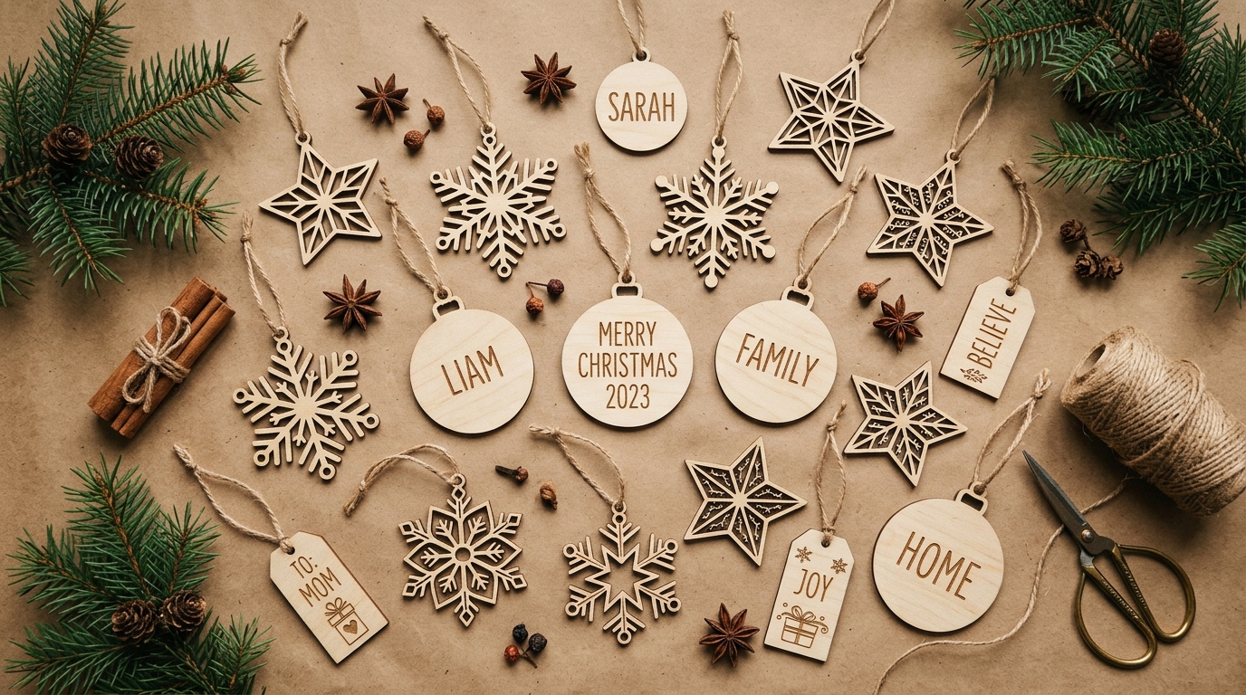 Laser cut Christmas ornaments made from 3mm basswood — snowflakes, stars, and personalized name ornaments on holiday background