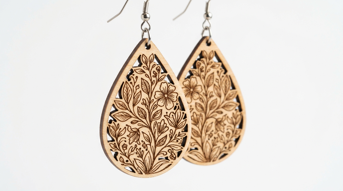 Close-up of laser cut basswood earrings showing pale clean cut edges and fine engraved floral detail