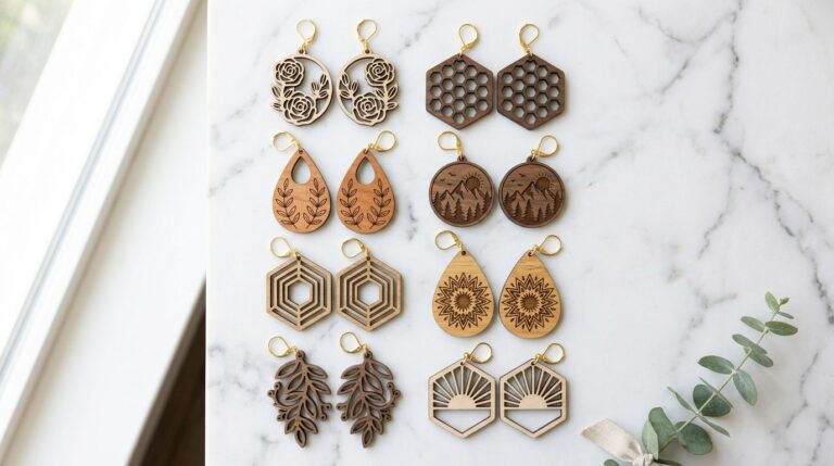 Laser cut 3mm basswood wood earrings — assorted floral, geometric and engraved designs on white background