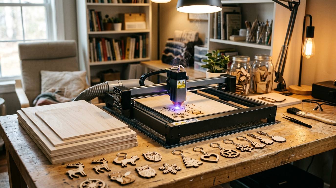 Laser cutting business from home — laser cut wood ornaments and keychains laid out on workshop table