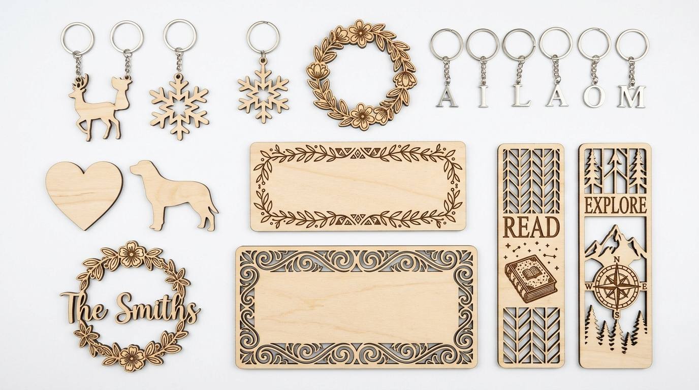Laser cut wood products for Etsy business — ornaments keychains and name signs on white background