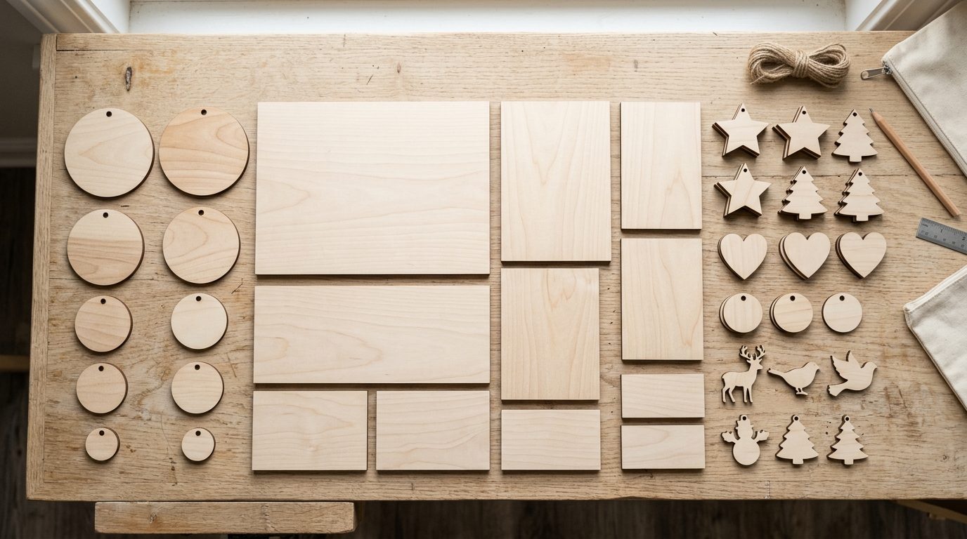 Unfinished wood blanks for laser engraving — basswood shapes comparison: ornaments, signs, medallions