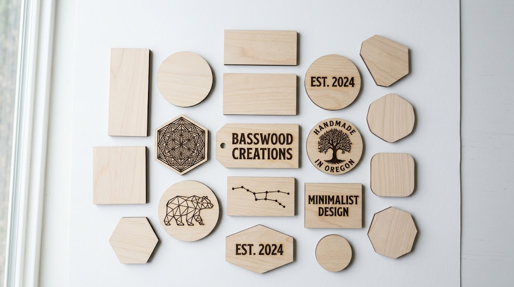 Laser engraving wood blanks — unfinished basswood sheets with engraved design on workshop table