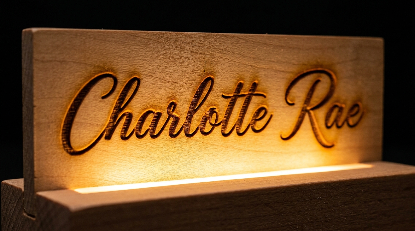 Close-up of laser engraved basswood night light panel showing sharp text detail and warm LED glow effect