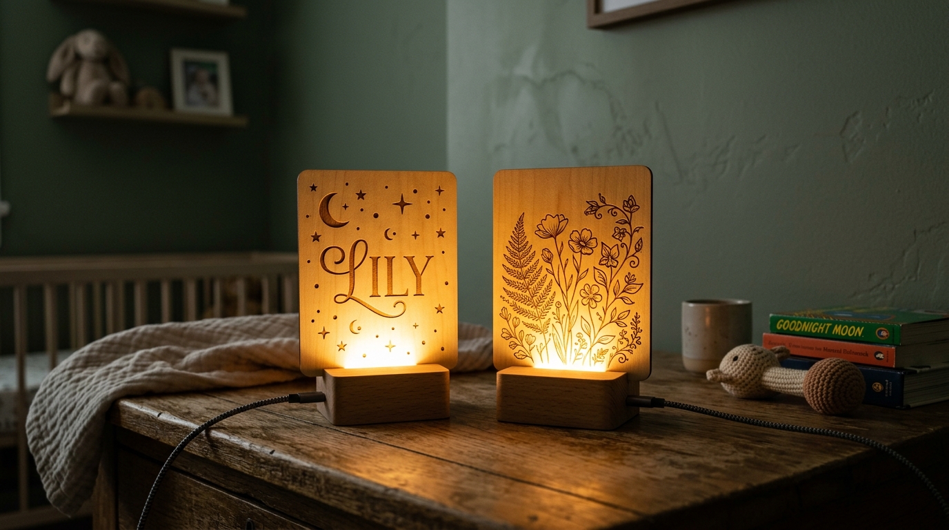 Laser engraved 3mm basswood night light panels glowing with LED base — personalized baby name and floral designs