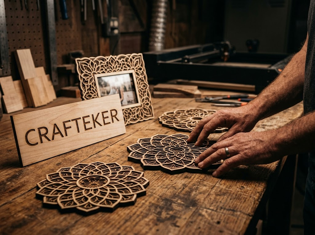 CRAFTEKER branded laser-cut wooden sign, mandala coasters and photo frame on workshop table — premium basswood laser cutting results