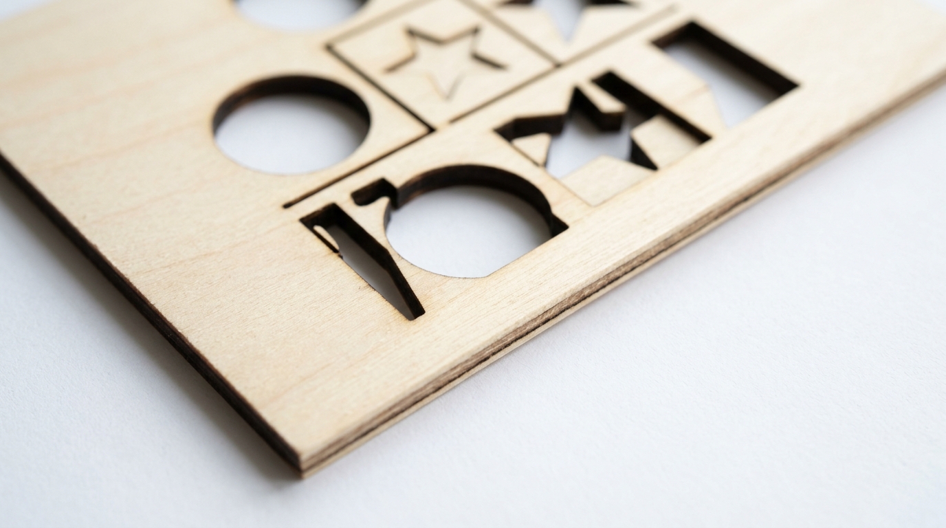 Close-up of 3mm basswood cut by Monport 60W CO2 laser — clean pale kerf edges, minimal charring