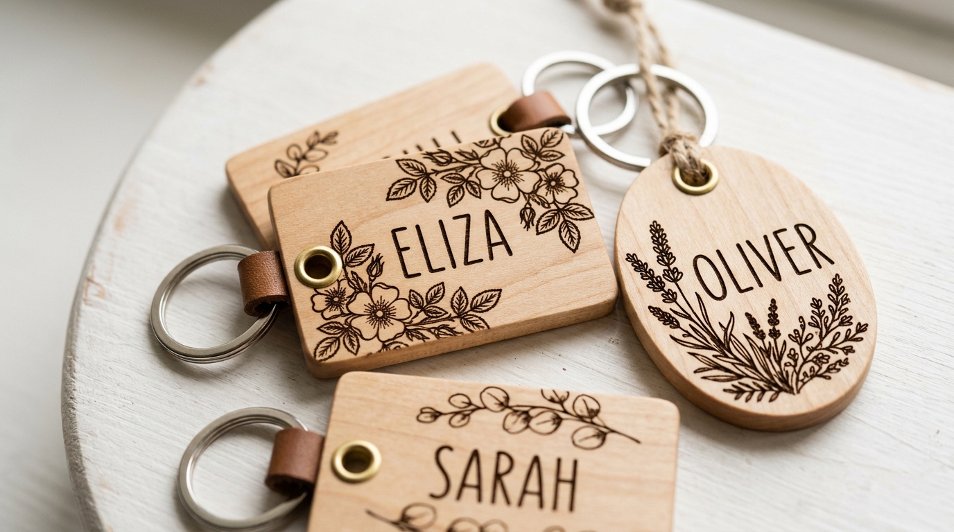 Close-up of laser engraved basswood keychains and ornaments — clean engraving on pale wood surface