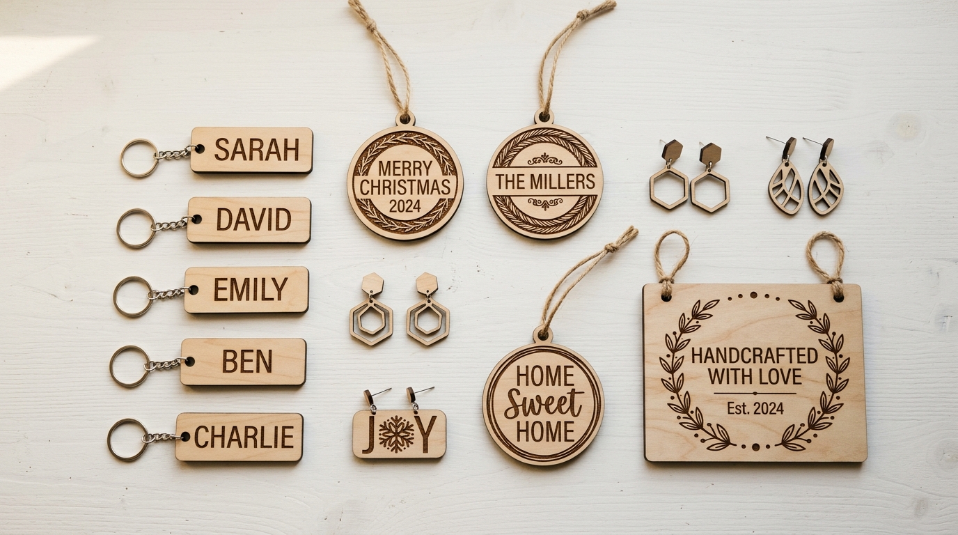 Flat lay of profitable laser cut wooden items — signs, ornaments, keychains, and earrings on workshop table