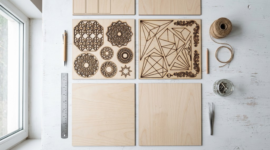 OMTech CO2 laser cutting 3mm basswood sheet — clean single-pass cut result