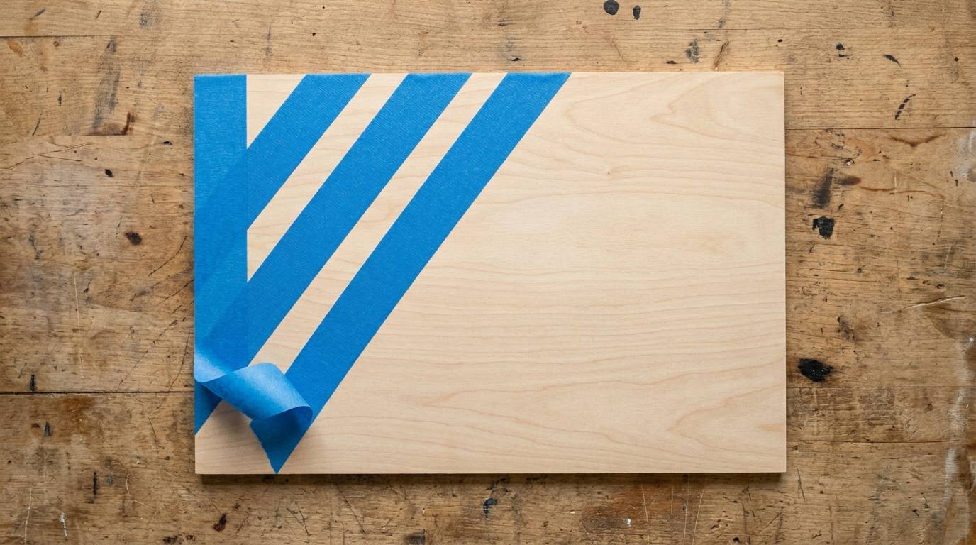 Masking tape on basswood sheet before laser cutting — clean surface method to prevent charring
